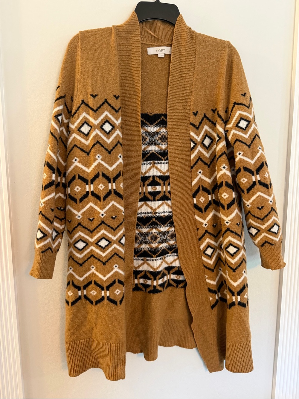 LOFT Camel Geometric Open-Front Cardigan Sweater